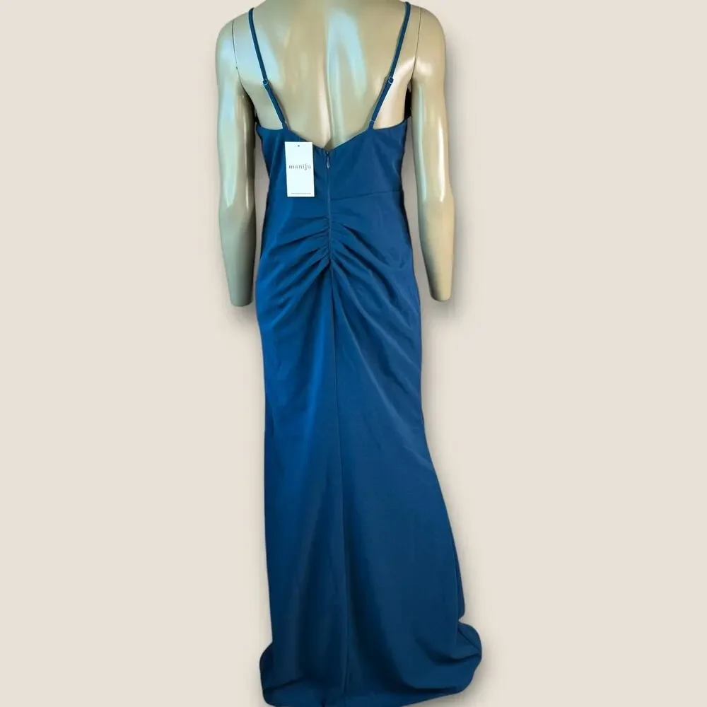 Maniju Long Gown Formal Dress Womens L Teal Spaghetti Straps Side Slit NWT - Picture 3 of 14